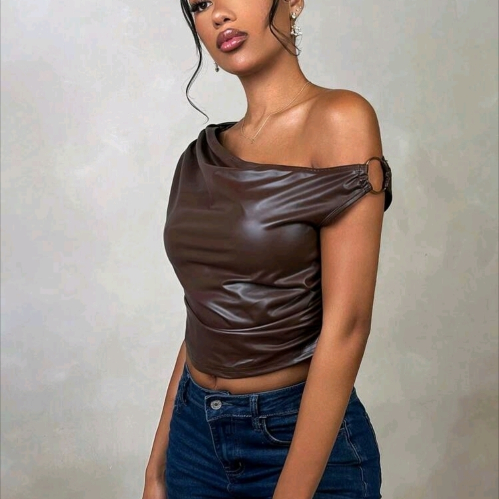 Elegant Brown Off-Shoulder Top Brown Leather